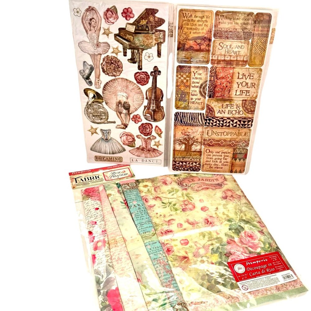 Stamperia Scrapbooking Mixed Media Lot Chipboard Fabric Collage Tissue Paper